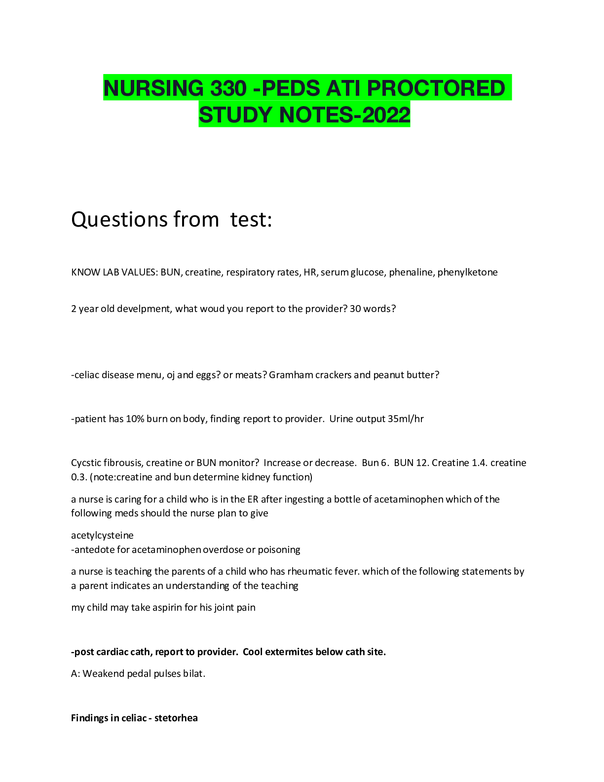 Preview of NURSING 330 -PEDS ATI PROCTORED STUDY NOTES-2022